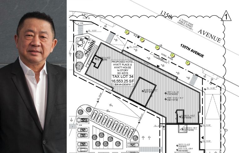 Sam Chang of McSam Hotel Group and a drawing of the proposed hotel at 143-02 135th Avenue, Queens.