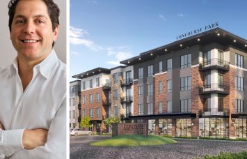 Seth Weissman of Urban Standard Capital and a rendering of Concourse Park in East Hartford, Conn.