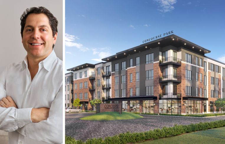 Seth Weissman of Urban Standard Capital and a rendering of Concourse Park in East Hartford, Conn.