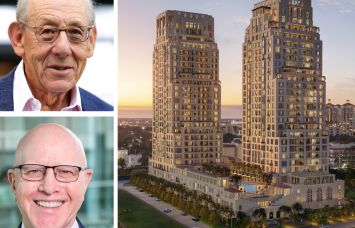 Related Ross founder Stephen Ross, Bank OZK CEO George Gleason, and a rendering of South Flagler House, West Palm Beach, Fla.