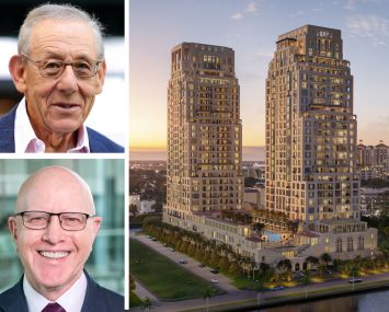 Related Ross founder Stephen Ross, Bank OZK CEO George Gleason, and a rendering of South Flagler House, West Palm Beach, Fla.