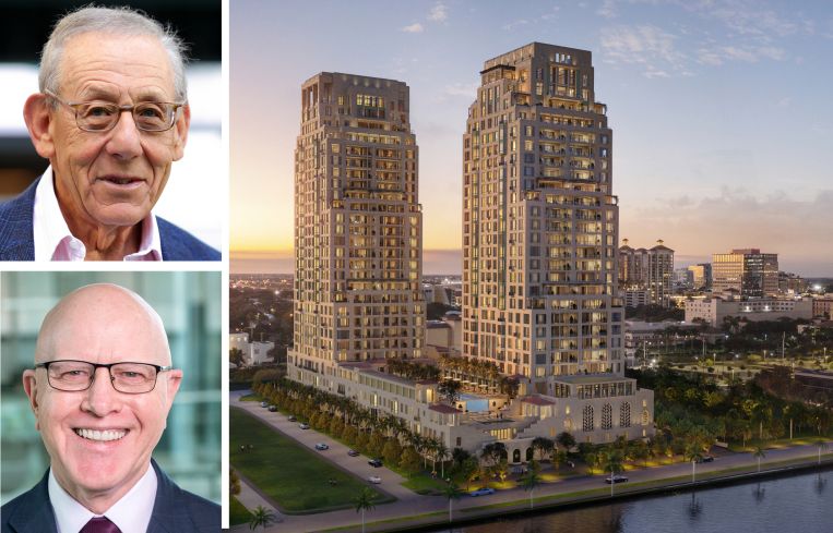 Related Ross founder Stephen Ross, Bank OZK CEO George Gleason, and a rendering of South Flagler House, West Palm Beach, Fla.