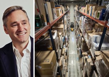 Tim Johnson of Blackstone Real Estate Debt Strategies and a forklift driving through a warehouse.