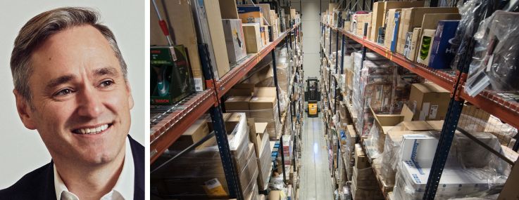 Tim Johnson of Blackstone Real Estate Debt Strategies and a forklift driving through a warehouse.