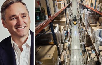 Tim Johnson of Blackstone Real Estate Debt Strategies and a forklift driving through a warehouse.