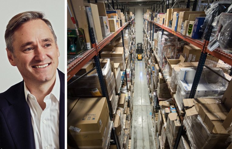 Tim Johnson of Blackstone Real Estate Debt Strategies and a forklift driving through a warehouse.
