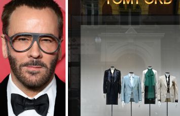 Designer Tom Ford and a display at a Tom Ford store.