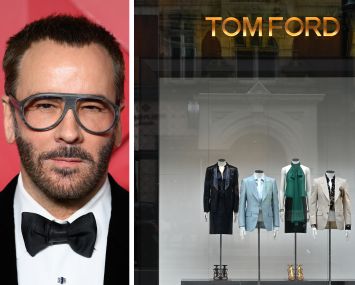 Designer Tom Ford and a display at a Tom Ford store.