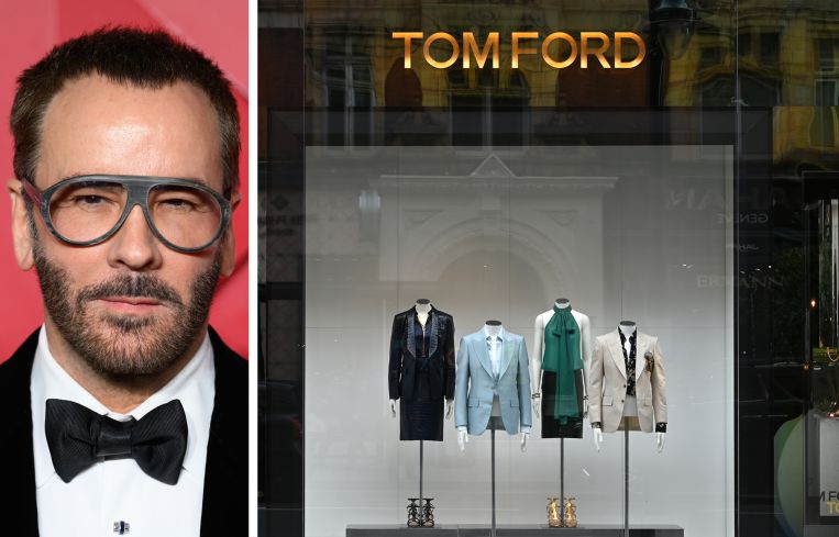 Designer Tom Ford and a display at a Tom Ford store.