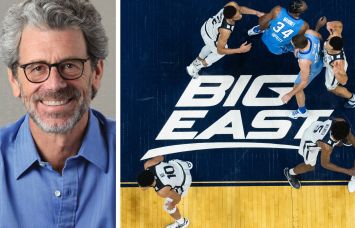 ESRT CEO Anthony Malkin and the Big East logo during a conference basketball game.