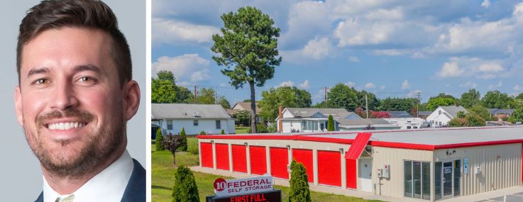 Affinius Capital Senior Vice President Tyler Figley and a 10 Federal self-storage property in Gibsonville, N.C.