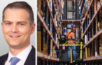 Yorick Starr, managing director for Invesco Real Estate, and a worker steers a forklift through a warehouse.
