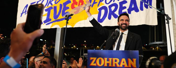 New York mayoral candidate, State Rep. Zohran Mamdani (D-NY) greets supporters during an election night gathering.