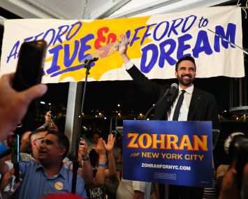 New York mayoral candidate, State Rep. Zohran Mamdani (D-NY) greets supporters during an election night gathering.