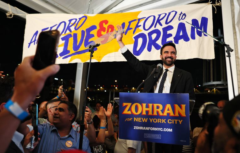 New York mayoral candidate, State Rep. Zohran Mamdani (D-NY) greets supporters during an election night gathering.