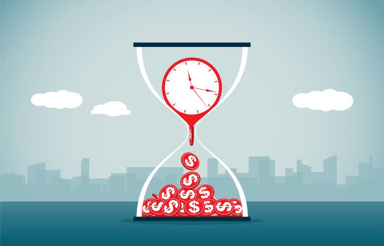 A clock inside an hourglass dripping into coins.