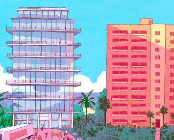 An illustration of an older building next to a shinier, newer one.