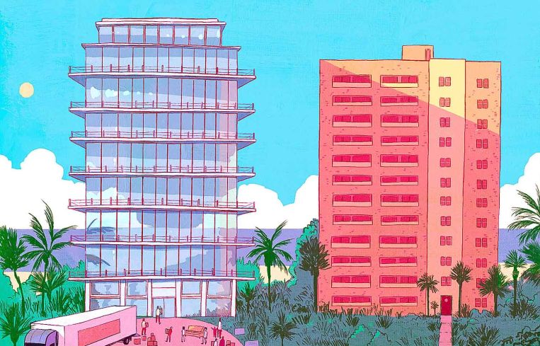 An illustration of an older building next to a shinier, newer one.