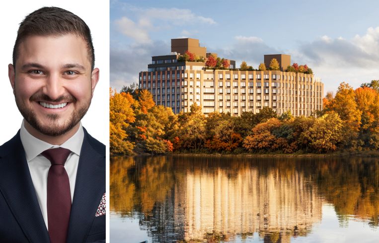 Avi Akiva of TriState Commercial Realty and a rendering of 1 Park Point in Brooklyn.
