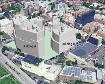 A schematic of proposed 20-story and 16-story buildings at 1014 Brook Avenue, the Bronx.