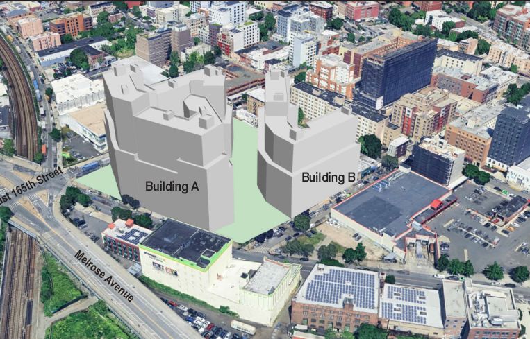 A schematic of proposed 20-story and 16-story buildings at 1014 Brook Avenue, the Bronx.