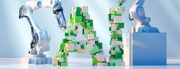 Digital generated image of robotic arm building blocks and forming AI sign on white background.