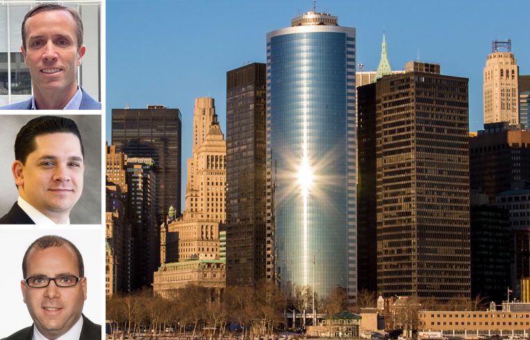 RFR Realty's AJ Camhi (top), Paul Milunec (center), and Ryan Silverman (bottom), and 17 State Street.