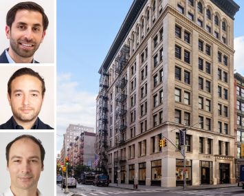 Current Real Estate Advisors' Adam Henick (from top), Brandon Charnas, and Thomas Mahl, and 75 Spring Street.