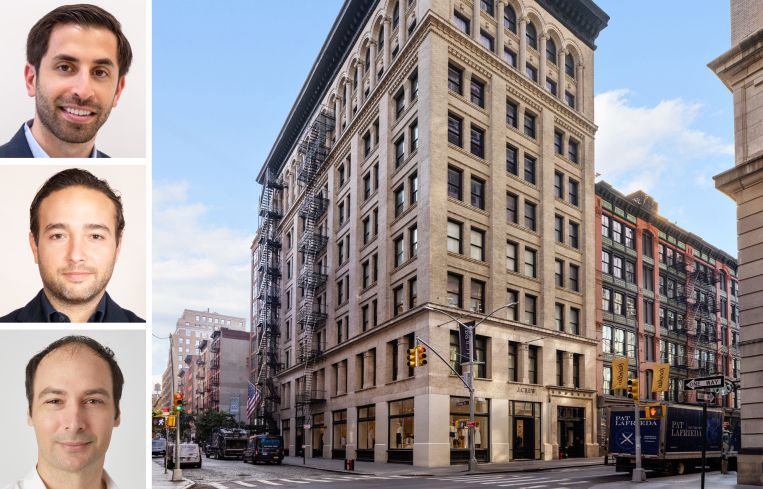 Current Real Estate Advisors' Adam Henick (from top), Brandon Charnas, and Thomas Mahl, and 75 Spring Street.