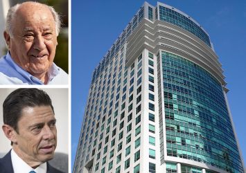 Amancio Ortega (top), KKR co-CEO Scott Nuttall, and Sabadell Financial Center at 1111 Brickell Avenue, Miami.