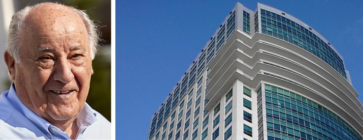 Amancio Ortega (top), KKR co-CEO Scott Nuttall, and Sabadell Financial Center at 1111 Brickell Avenue, Miami.