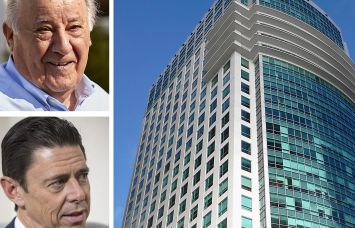 Amancio Ortega (top), KKR co-CEO Scott Nuttall, and Sabadell Financial Center at 1111 Brickell Avenue, Miami.