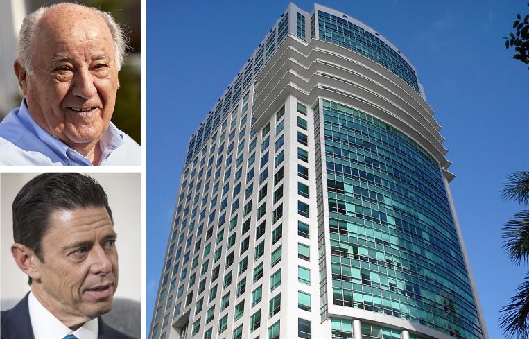 Amancio Ortega (top), KKR co-CEO Scott Nuttall, and Sabadell Financial Center at 1111 Brickell Avenue, Miami.
