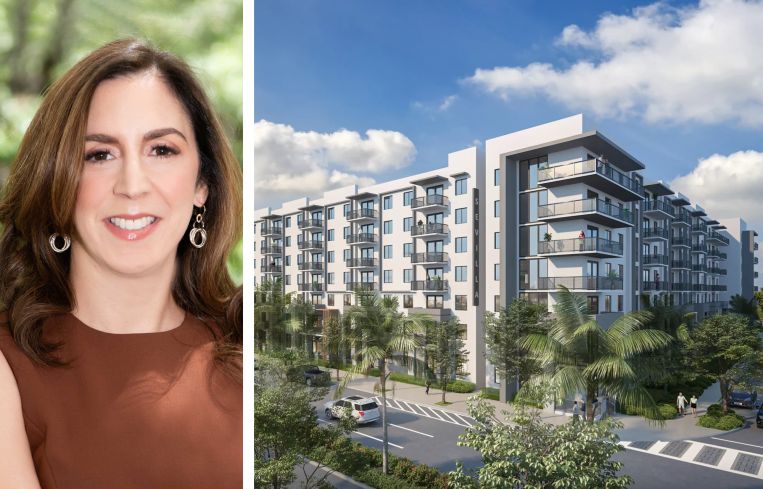 Codina Partners CEO Ana-Marie Codina Barlick and a rendering of Codina's Sevilla development in Miami.