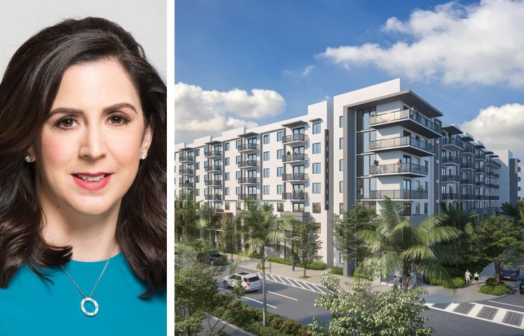 Codina Partners CEO Ana-Marie Codina Barlick and a rendering of Codina's Sevilla development in Miami.