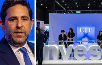 Invesco CEO Andrew Schlossberg and an Invesco display at a conference.