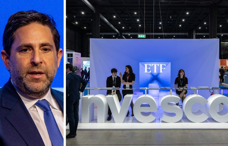 Invesco CEO Andrew Schlossberg and an Invesco display at a conference.