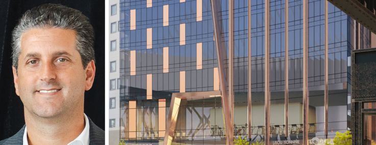 Andrew Till, COO of Baron Property Group, and a rendering of a planned residential building at 30-25 Queens Boulevard, Queens.