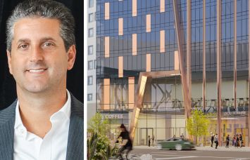 Andrew Till, COO of Baron Property Group, and a rendering of a planned residential building at 30-25 Queens Boulevard, Queens.