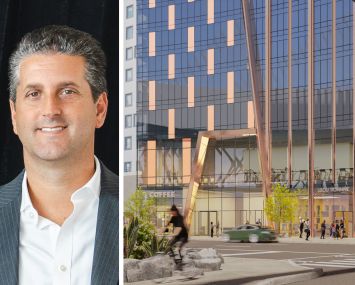 Andrew Till, COO of Baron Property Group, and a rendering of a planned residential building at 30-25 Queens Boulevard, Queens.