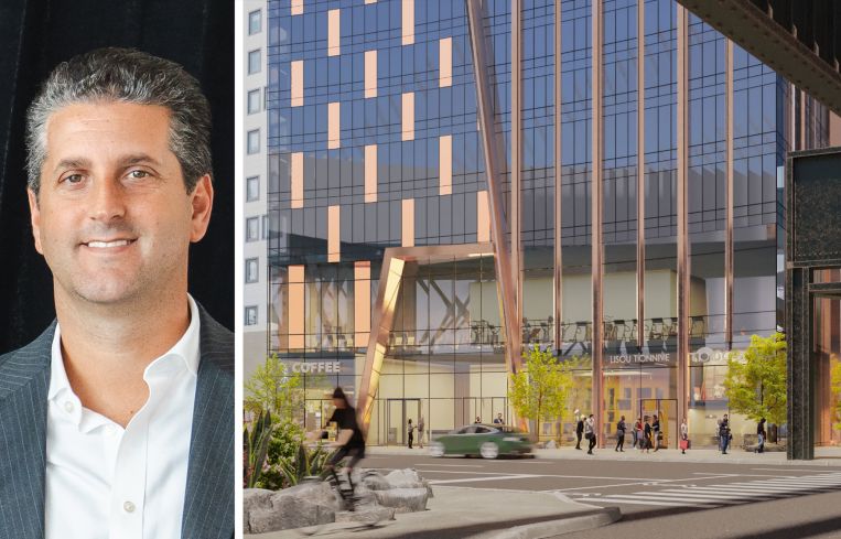 Andrew Till, COO of Baron Property Group, and a rendering of a planned residential building at 30-25 Queens Boulevard, Queens.