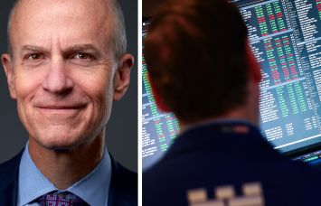 BXP CEO Owen Thomas and a trader looking at a screen of stock quotes.