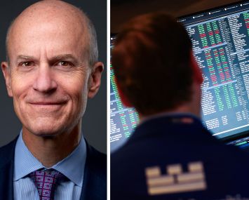 BXP CEO Owen Thomas and a trader looking at a screen of stock quotes.