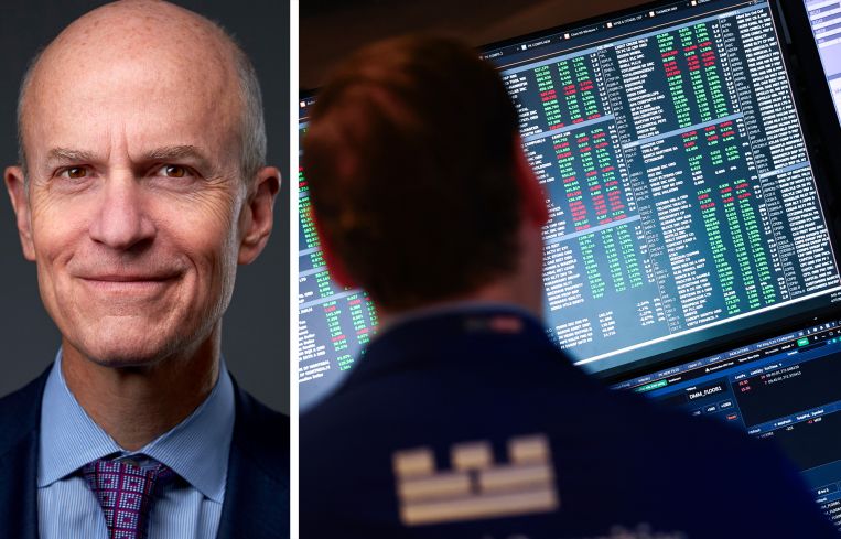 BXP CEO Owen Thomas and a trader looking at a screen of stock quotes.