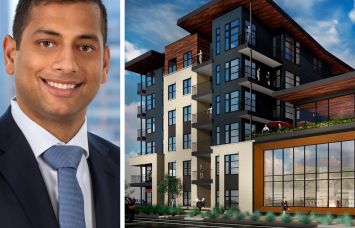 Dwight Capital's Brandon Baksh and a rendering of Avian Apartments in Colorado Springs, Colo.