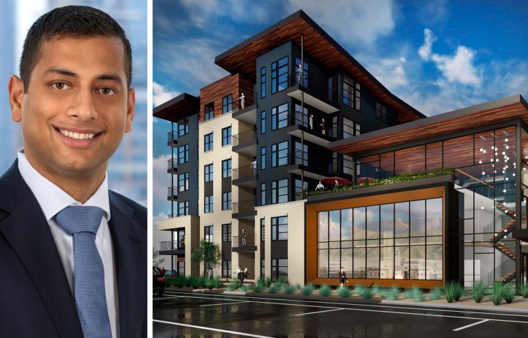 Dwight Capital's Brandon Baksh and a rendering of Avian Apartments in Colorado Springs, Colo.