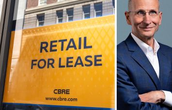 A CBRE sign advertising available retail space and Chair and CEO Bob Sulentic.