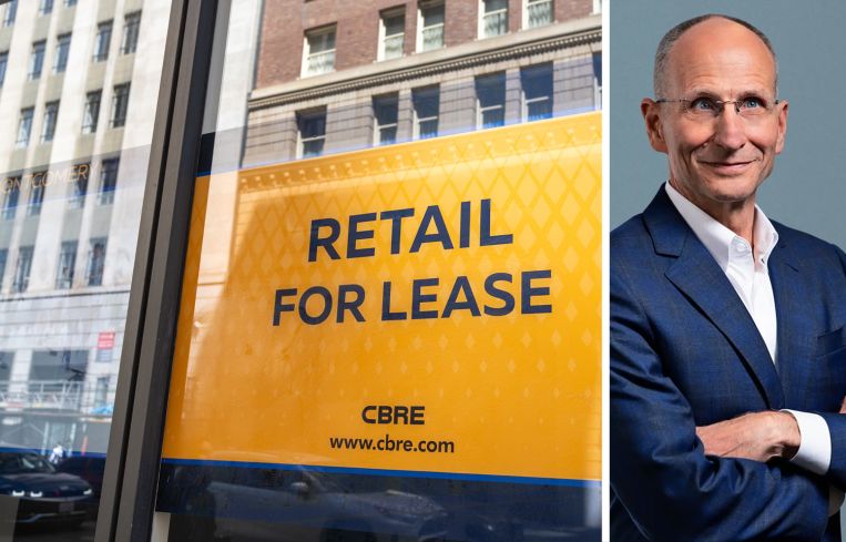 A CBRE sign advertising available retail space and Chair and CEO Bob Sulentic.