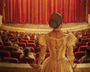an illustration of a Gilded Age-era woman looking at a stage from an opera box.