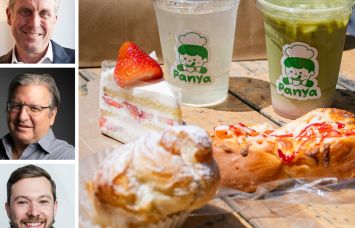 TSCG's Chase Welles (top), Industry City's Jim Somoza (center) and Matt Stewart (bottom), and food and drinks from Panya Bakery.
